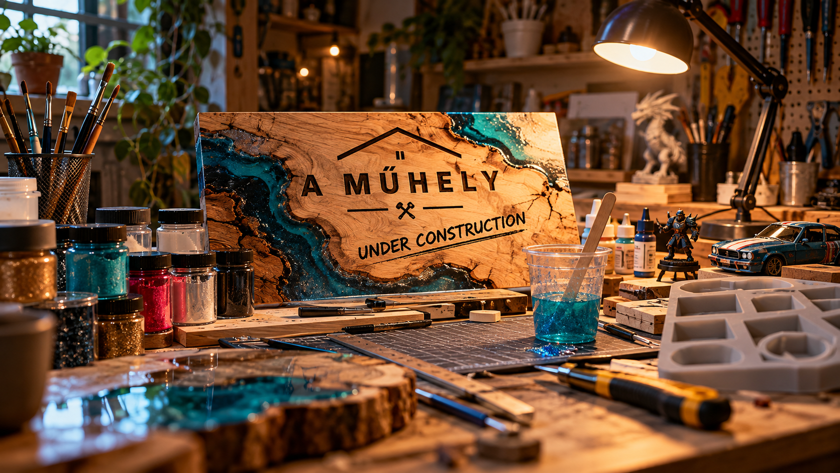 Meleg fényű, kreatív műhelyasztal gyantával, pigmentekkel, festékekkel és szerszámokkal. Középen egy tábla: A MŰHELY — UNDER CONSTRUCTION.